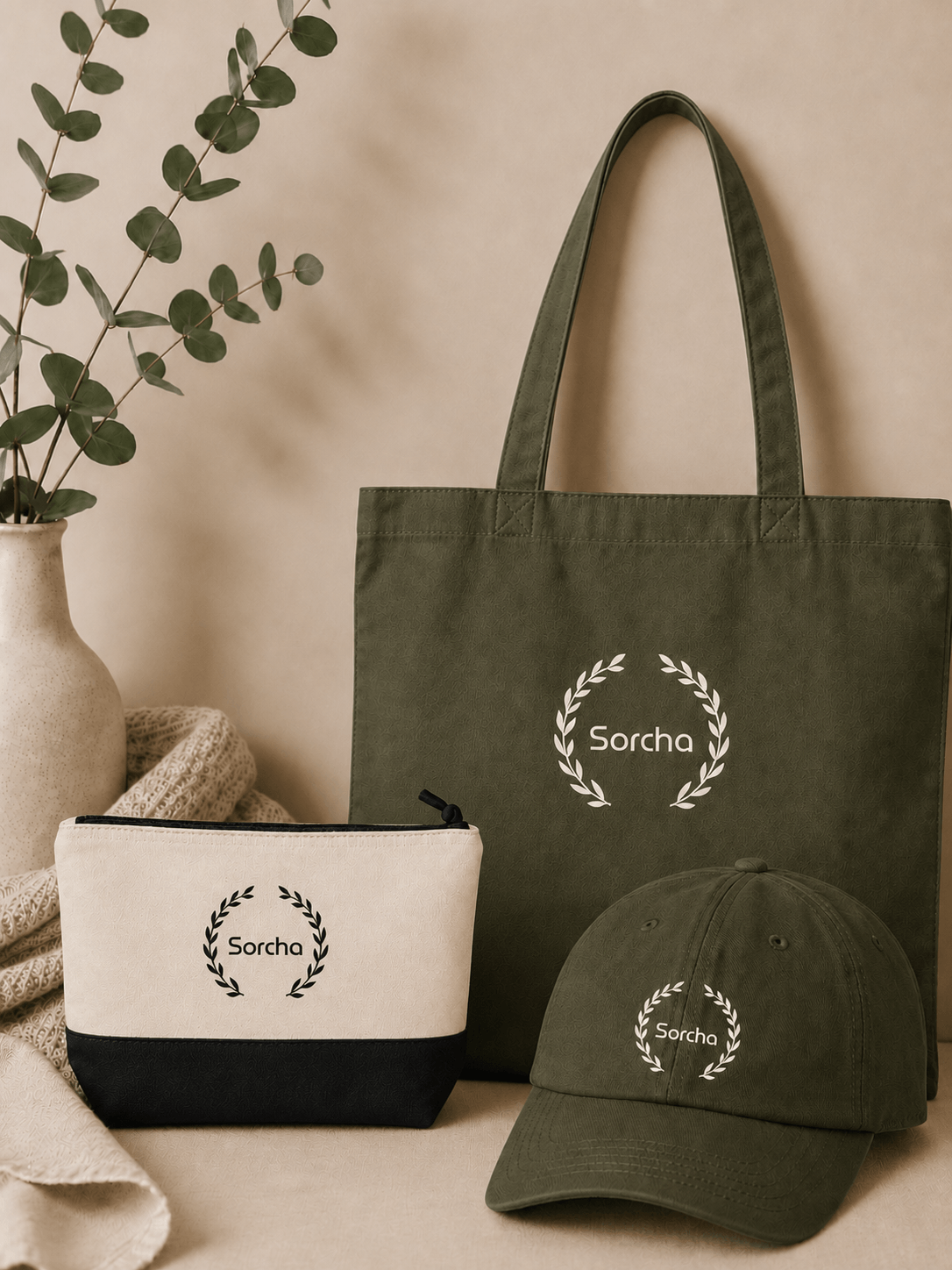 Tote Bag & Accessory Bag & Adult Cap - Olive, 100% Cotton