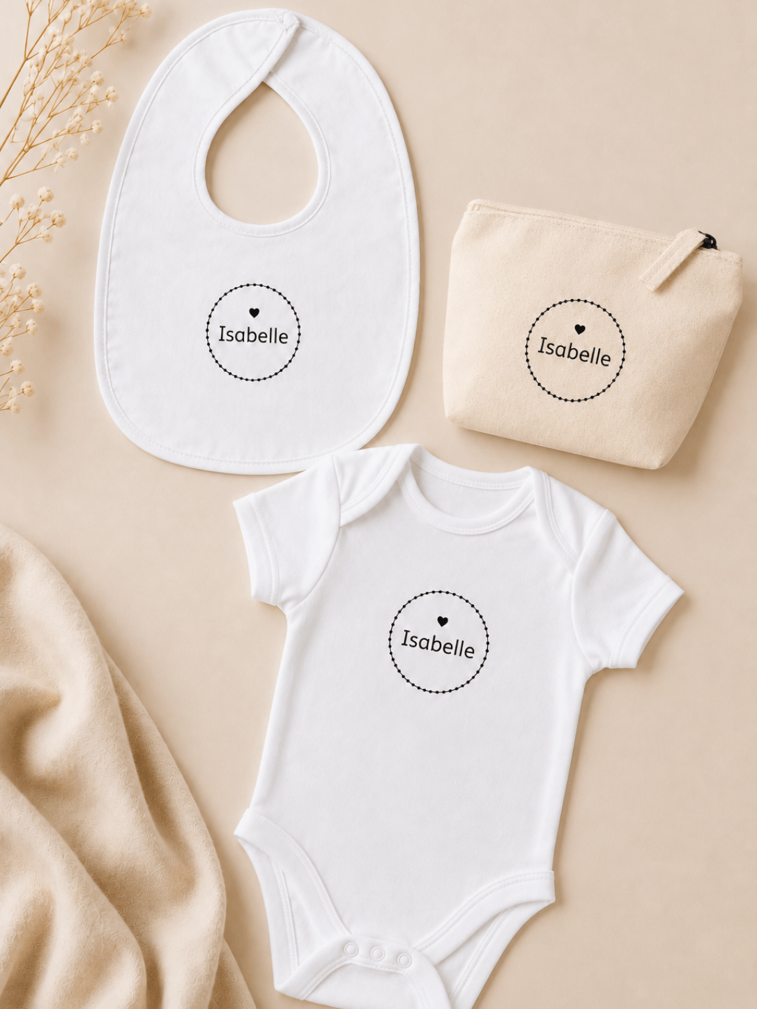 Baby Bodysuit & Bib & Accessory Pouch 100% Cotton - White