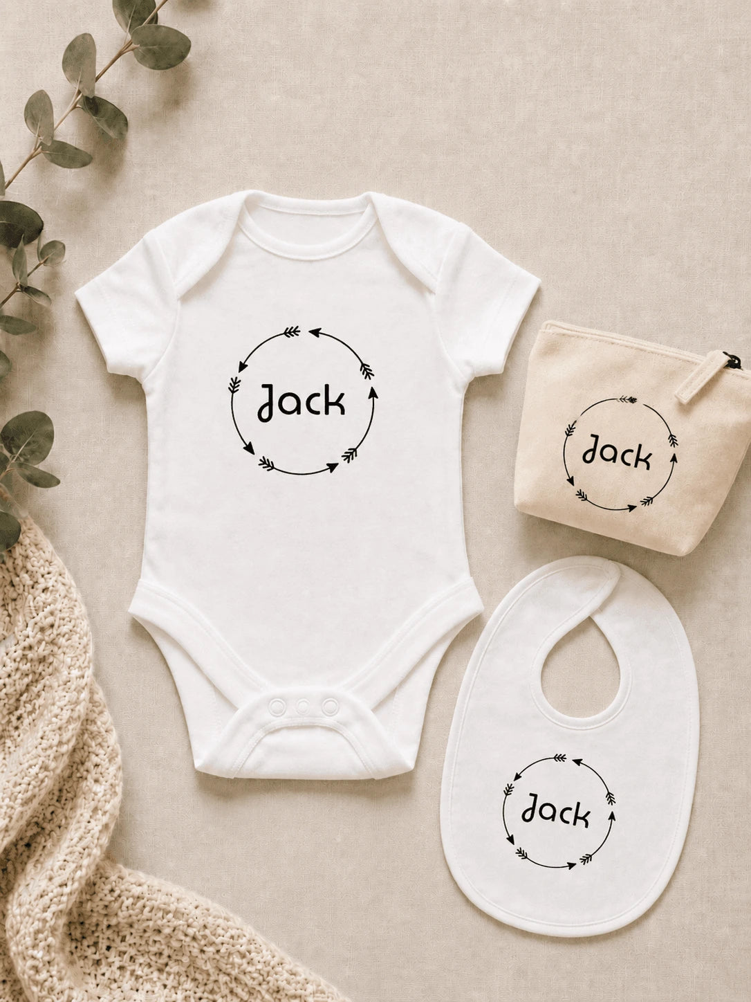 Baby Bodysuit & Bib & Accessory Pouch 100% Cotton - White Arrow Collection
