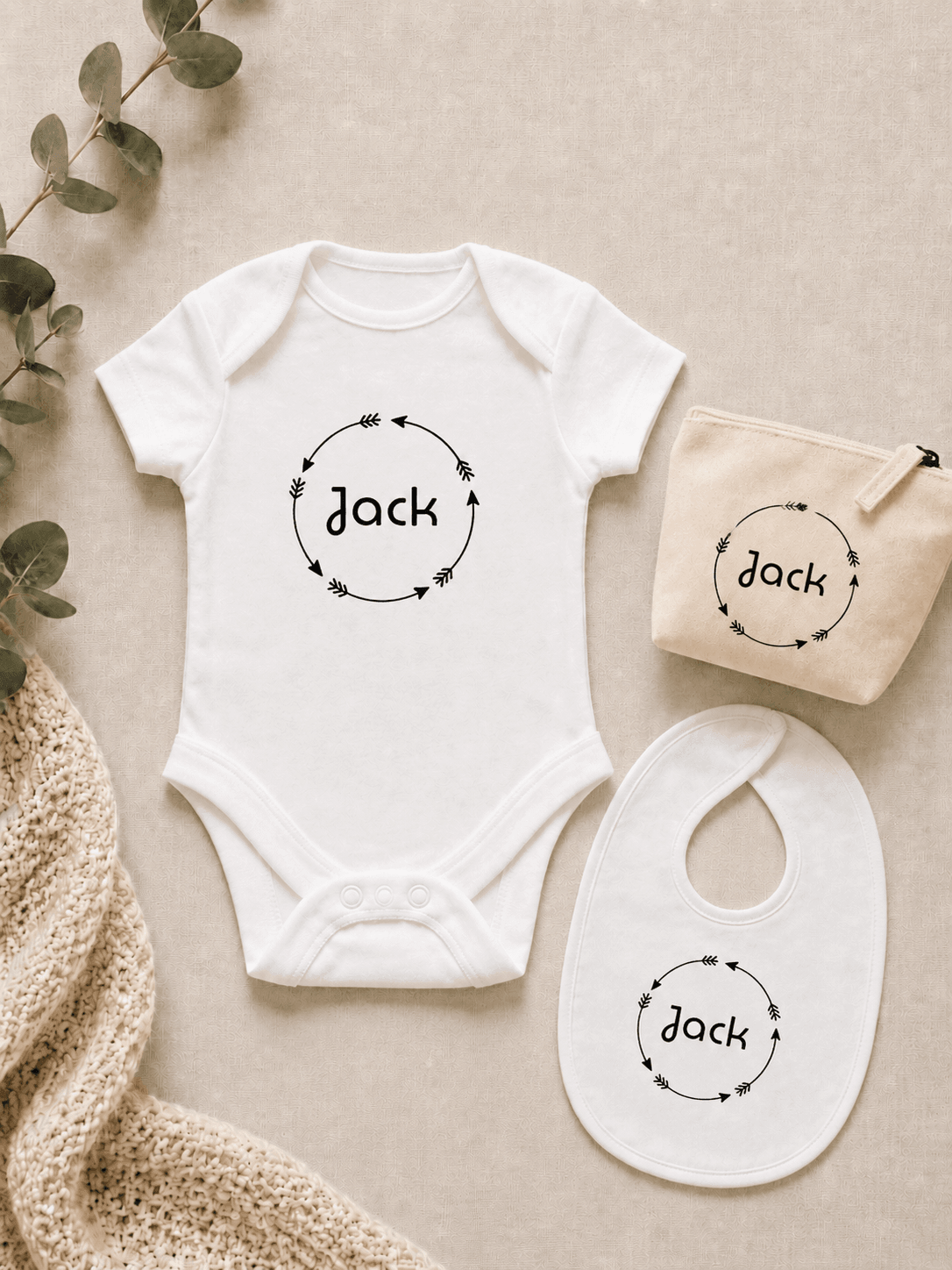 Baby Bodysuit & Bib & Accessory Pouch 100% Cotton - White