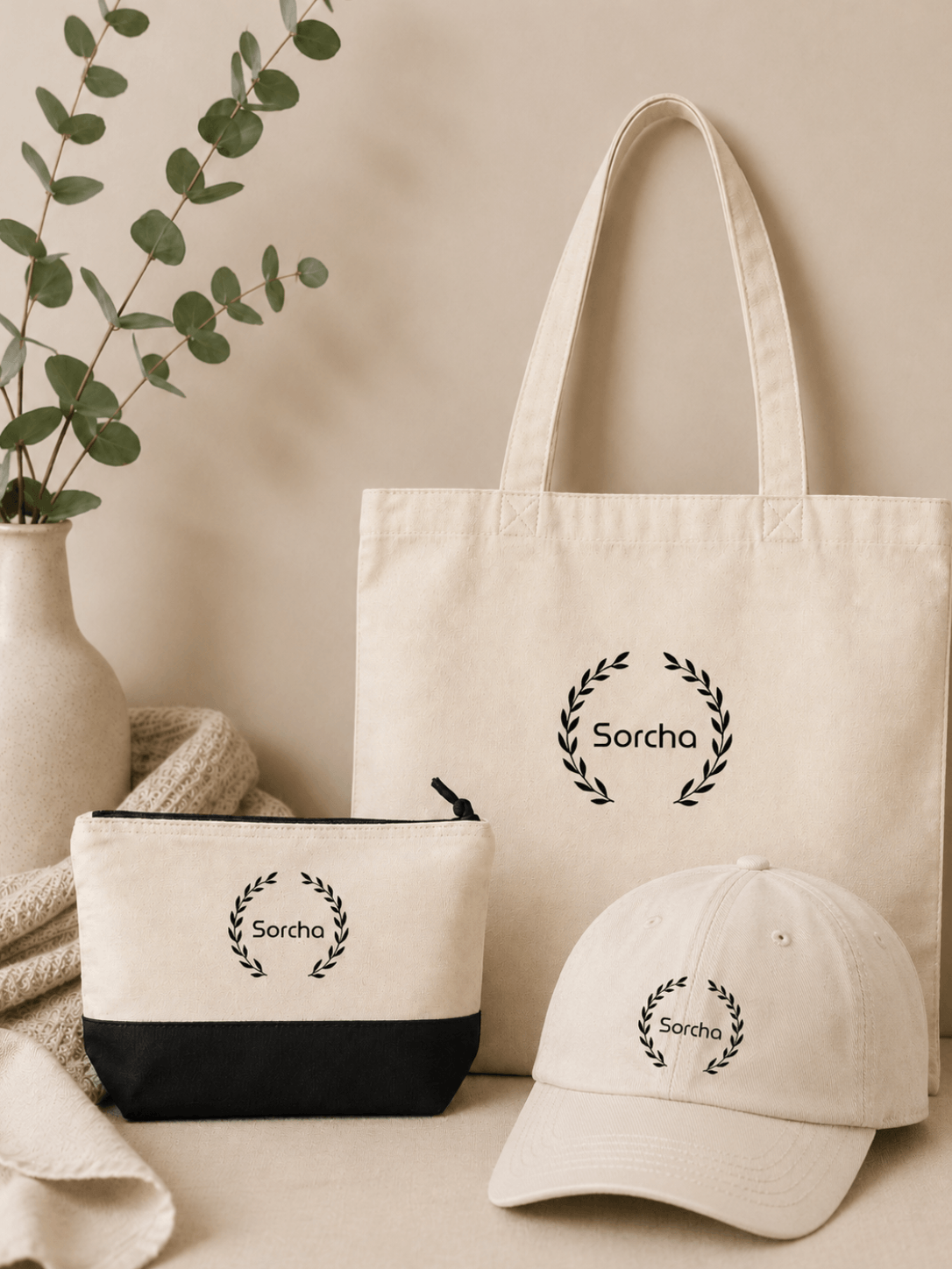Tote Bag & Accessory Bag & Adult Cap - Natural, 100% Cotton