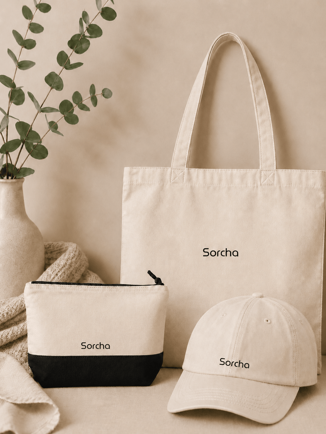 Tote Bag & Accessory Bag & Adult Cap - Natural, 100% Cotton