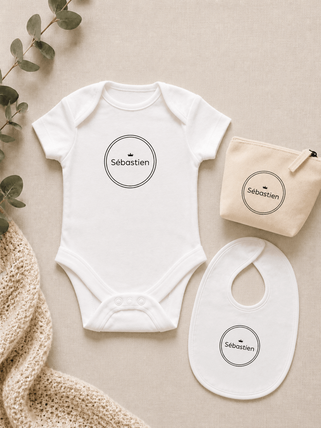 Baby Bodysuit & Bib & Accessory Pouch 100% Cotton - White