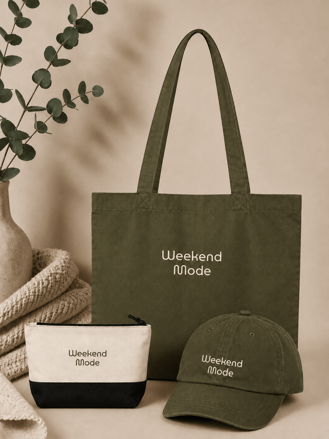Tote Bag & Accessory Bag & Adult Cap - Olive, 100% Cotton