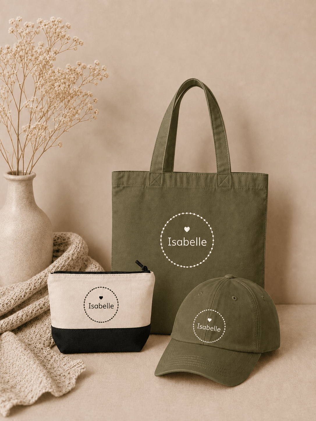Tote Bag & Accessory Bag & Adult Cap - Olive, 100% Cotton