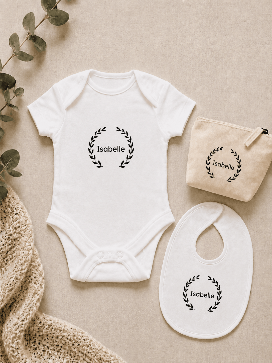 Baby Bodysuit & Bib & Accessory Pouch 100% Cotton - White
